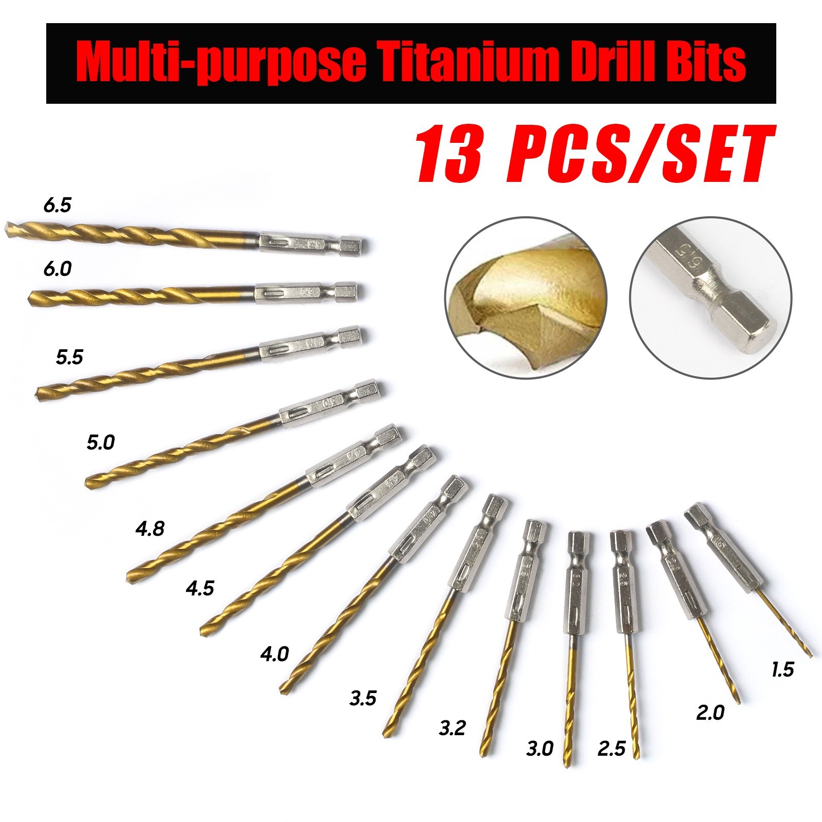 13PCS 1/4″ HEX Shank Drill Bits With Titanium Coating HSS Twist Drill Set Metal