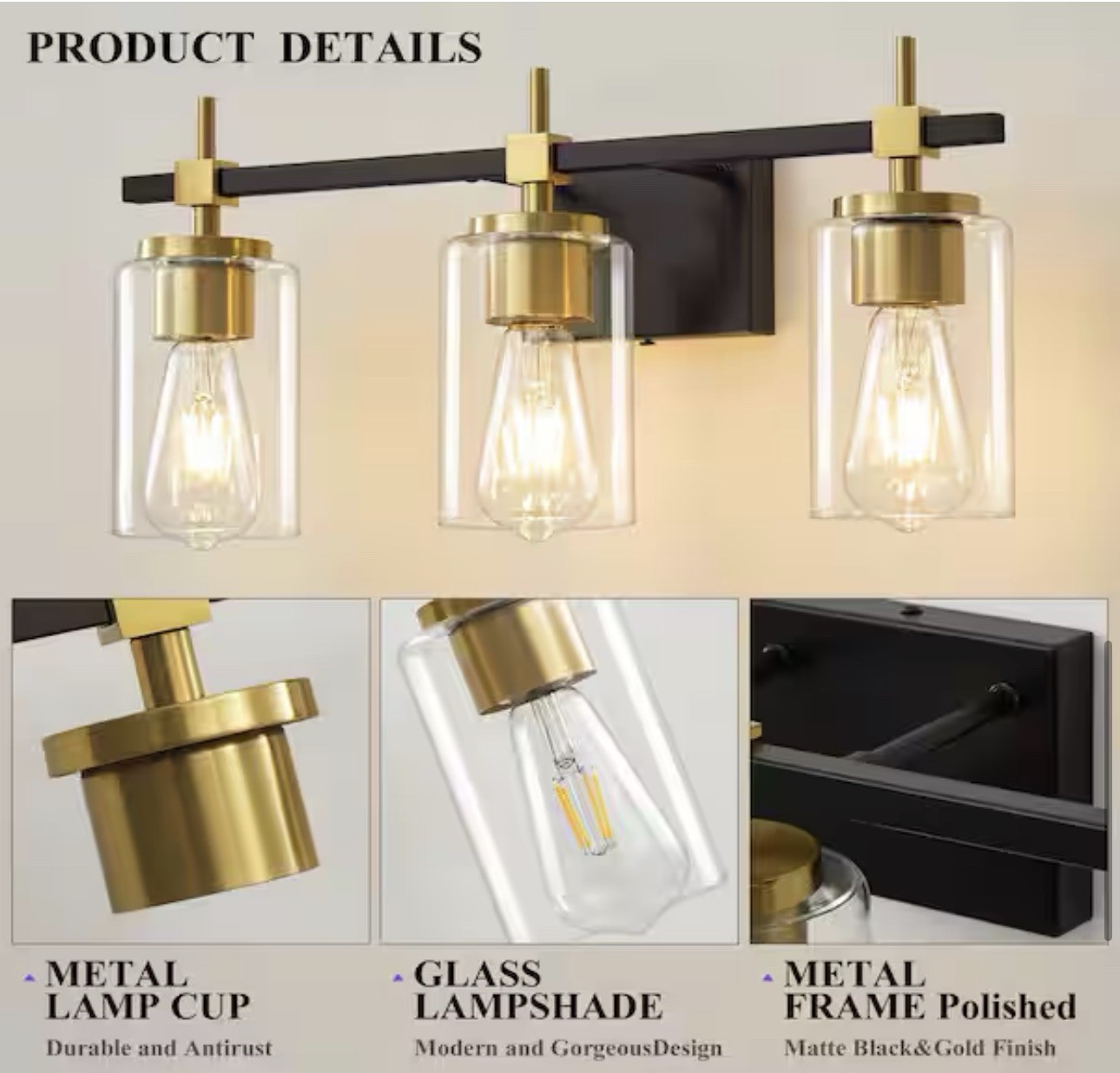 Modern 20.07 in. 3 Light Black and Gold Vanity Light