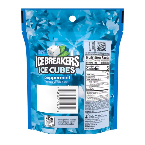 Ice Breakers Ice Cubes Peppermint Flavored Sugar Free Chewing Gum, Pouch 8.11 oz
