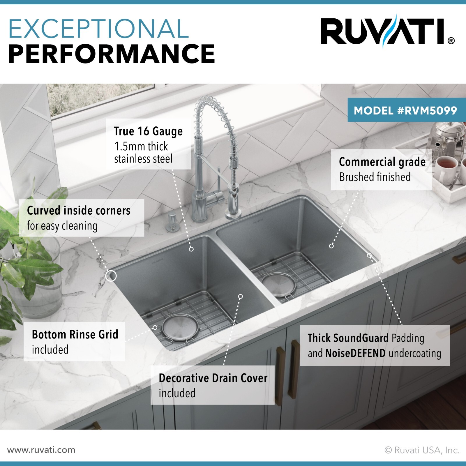 Ruvati 31-inch Undermount 50/50 Double Bowl 16 Gauge Kitchen Sink-RVM5099