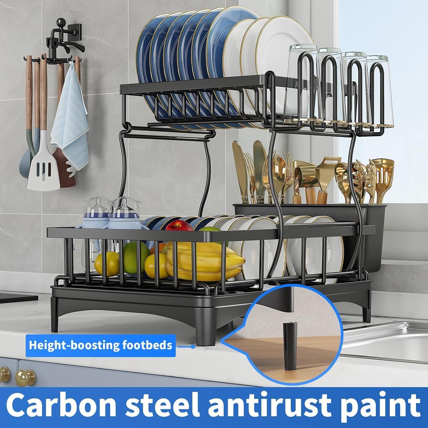 2 Tier Over The Sink Dish Drying Rack Stainless Steel Kitchen Dish Drainer Black
