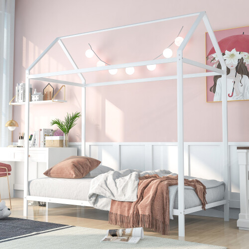 Twin Size House Bed Metal Platform Bed Frames with Roof For Kids Teens Adults