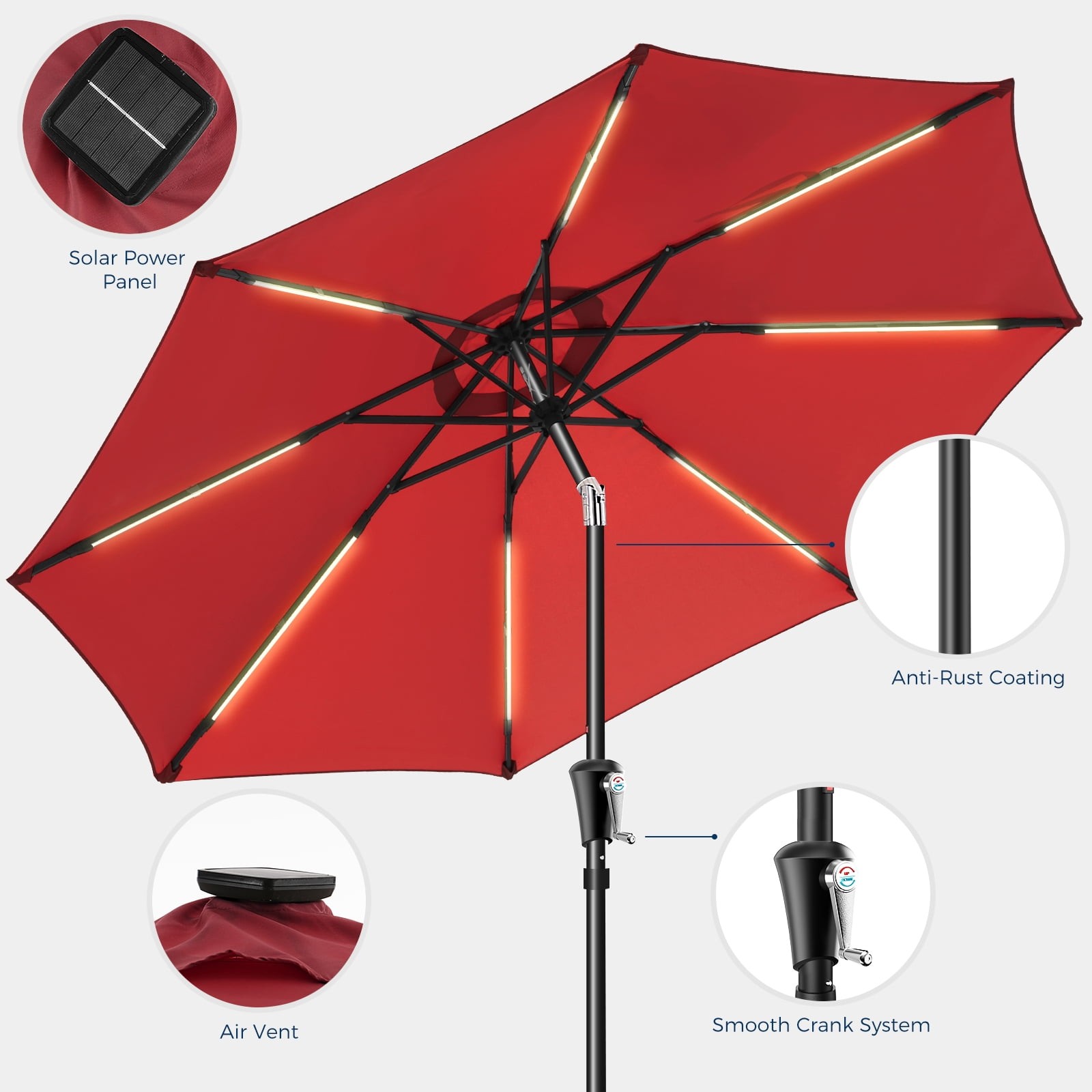 Patbrela HY11LS 9FT Patio Umbrella Solar Lighted Outdoor Umbrella with LED