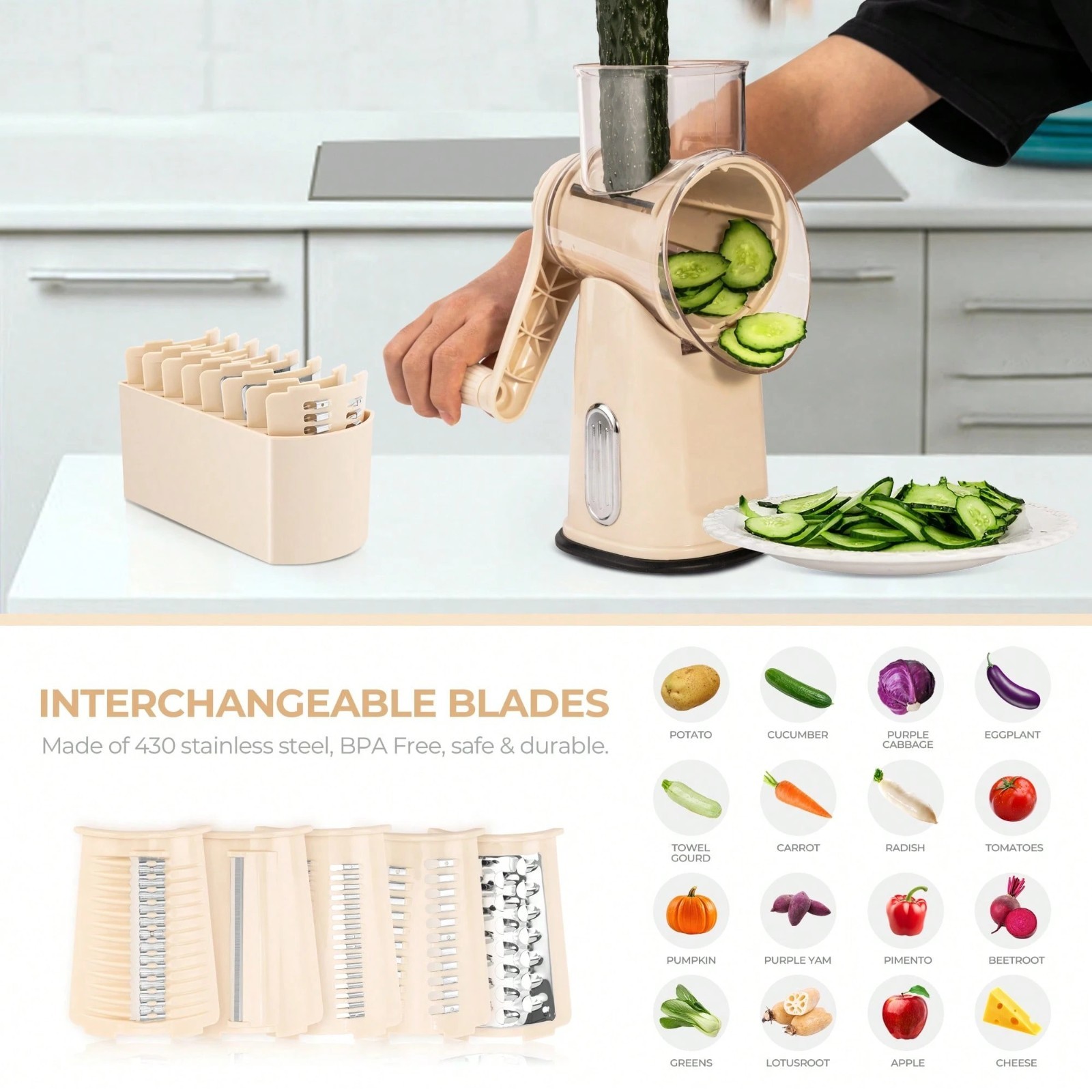 SUSTEAS Rotary Cheese Grater with 5 Blades & Storage Box Sleek Vegetable Shredde