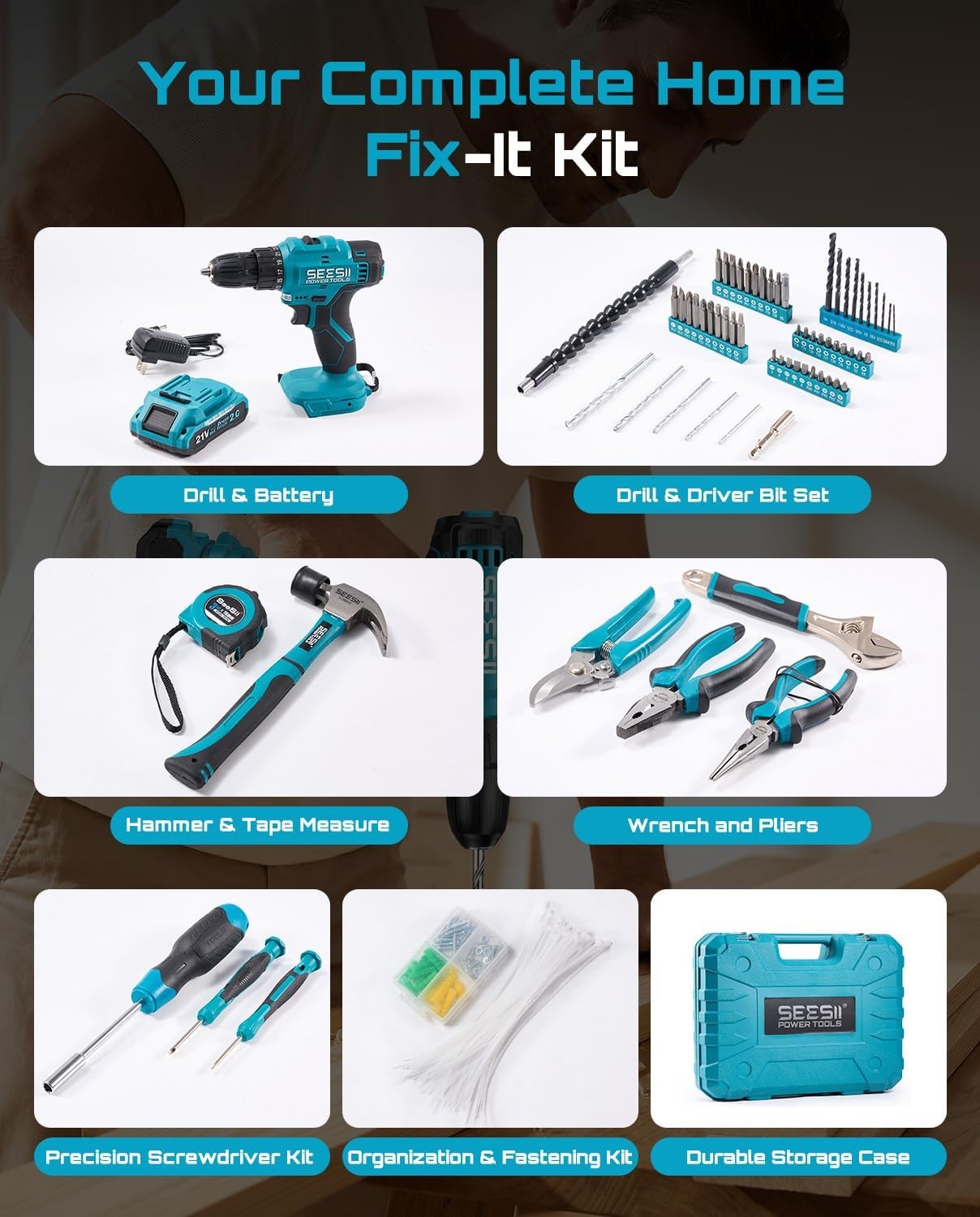 190pcs Cordless Drill Tool Kit 21V Electric Drill Driver Tool Box with Battery