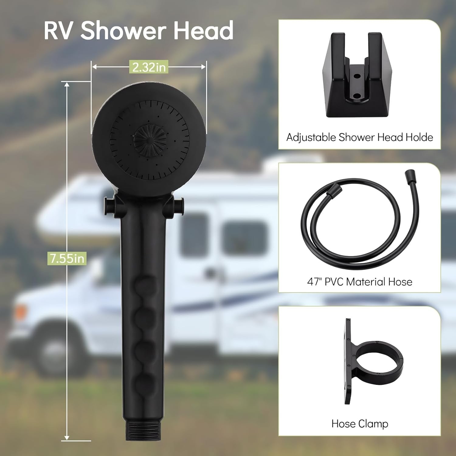 RV Shower Head + 47″ No-Kink Hose Outdoor Non-Metallic Matte Black Water Saving