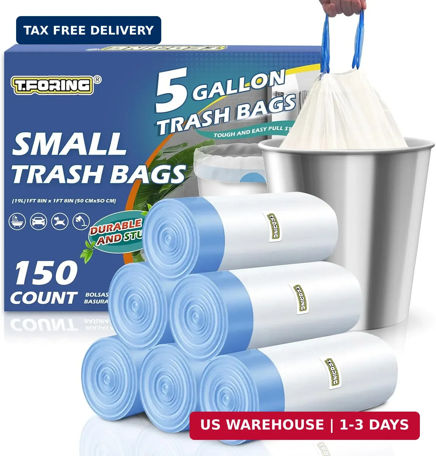 Small Trash Bags 5 Gallon Drawstring,1.1 Mil,Unscented,150 Count | Leakproof,Str
