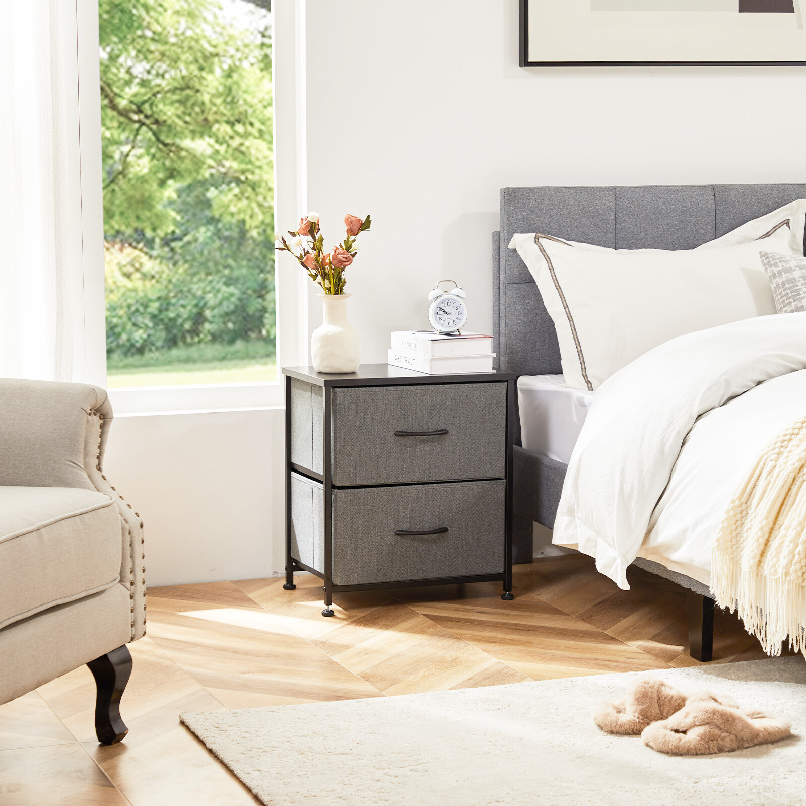 2Pcs Nightstand End Table Side Table with 2 Fabric Drawers Bedside Table Bedroom