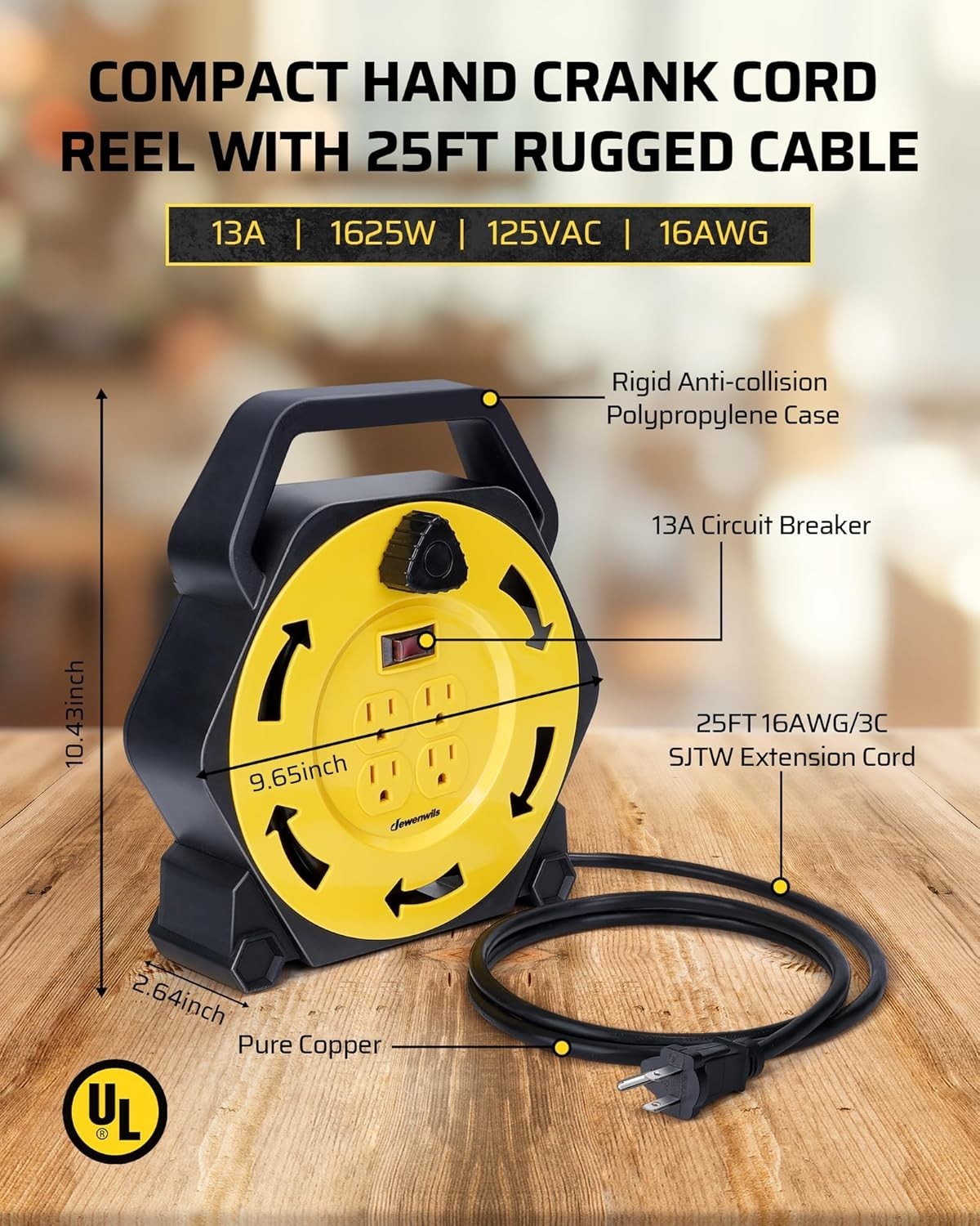 25FT Retractable Extension Cord Reel with 4 Grounded Outlets – Portable & Safe