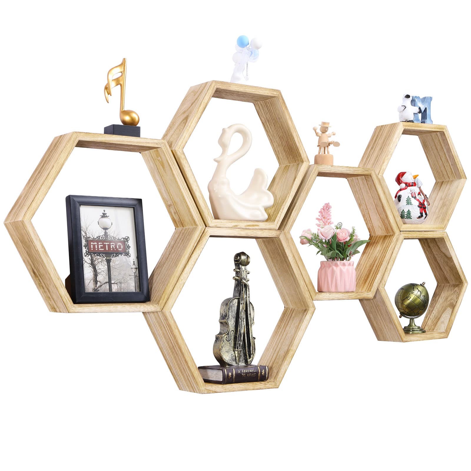 NOVIMANGO Hexagonal Floating 3.12D x 12.8W x 14.8H in, 6 Pack Wood Color