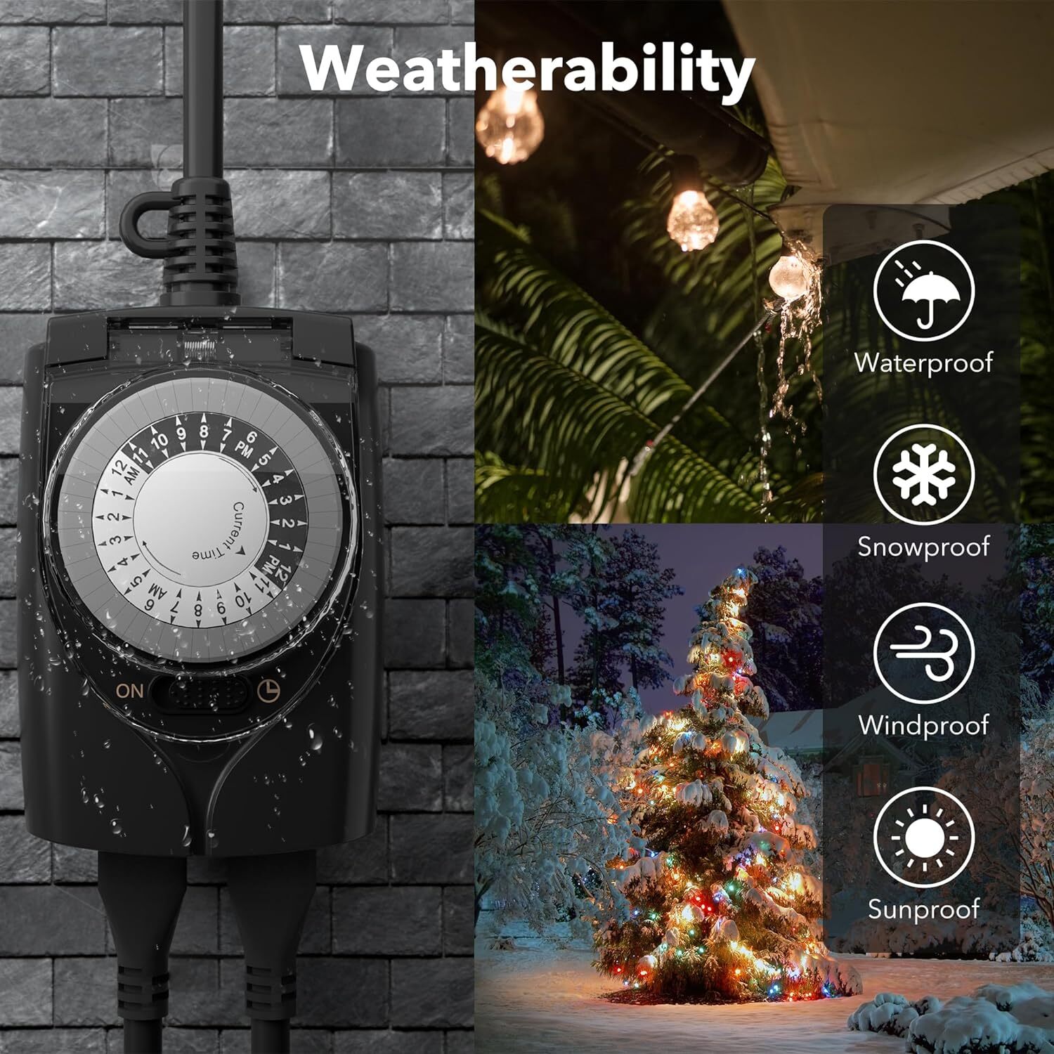 HBN 24Hr Mechanical Outdoor Timer Waterproof 2 Grounded Timer Outlets For Lights