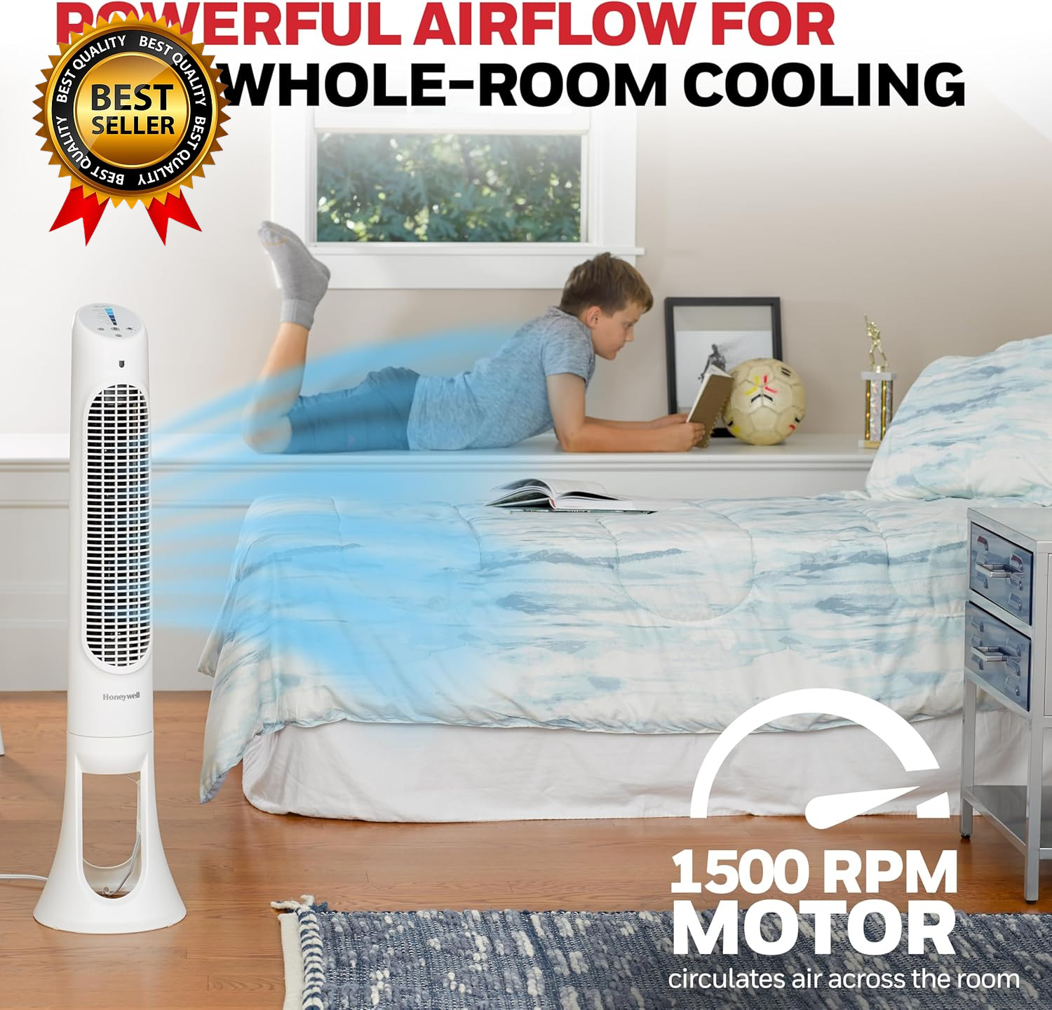 Quietset Whole Room Oscillating Tower Filter Fan with Remote, White, HYF260