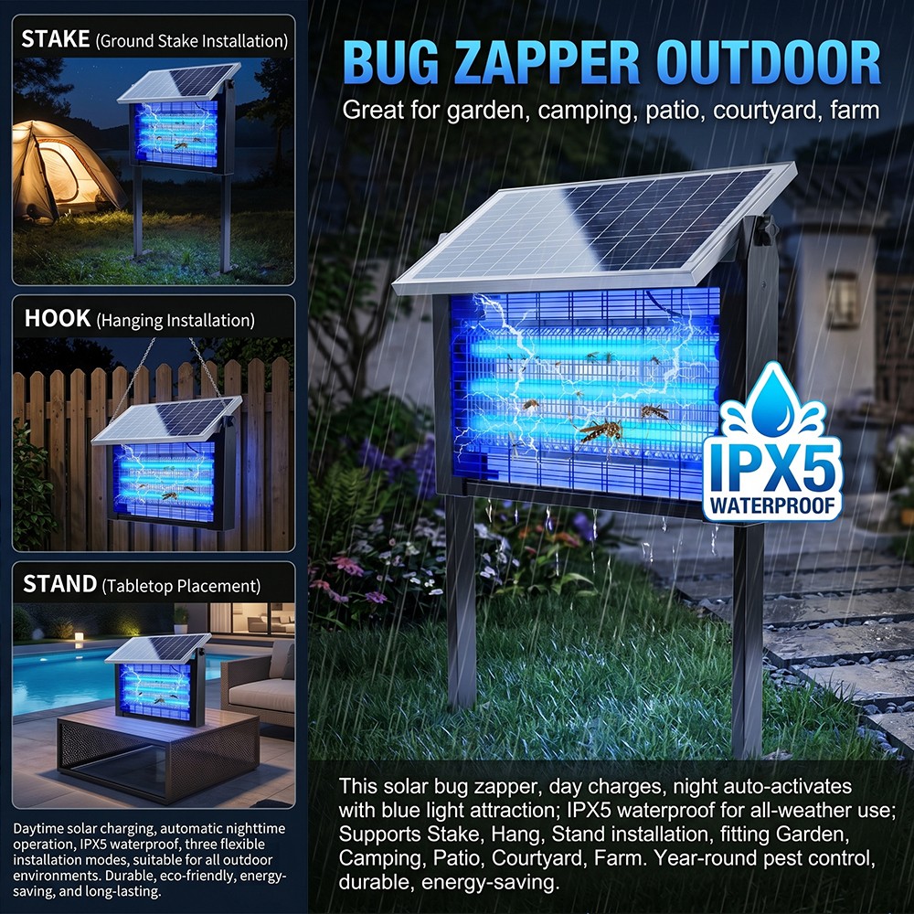 4500V Solar Bug Zapper Outdoor Mosquito Zapper Waterproof Electric Fly Zapper US