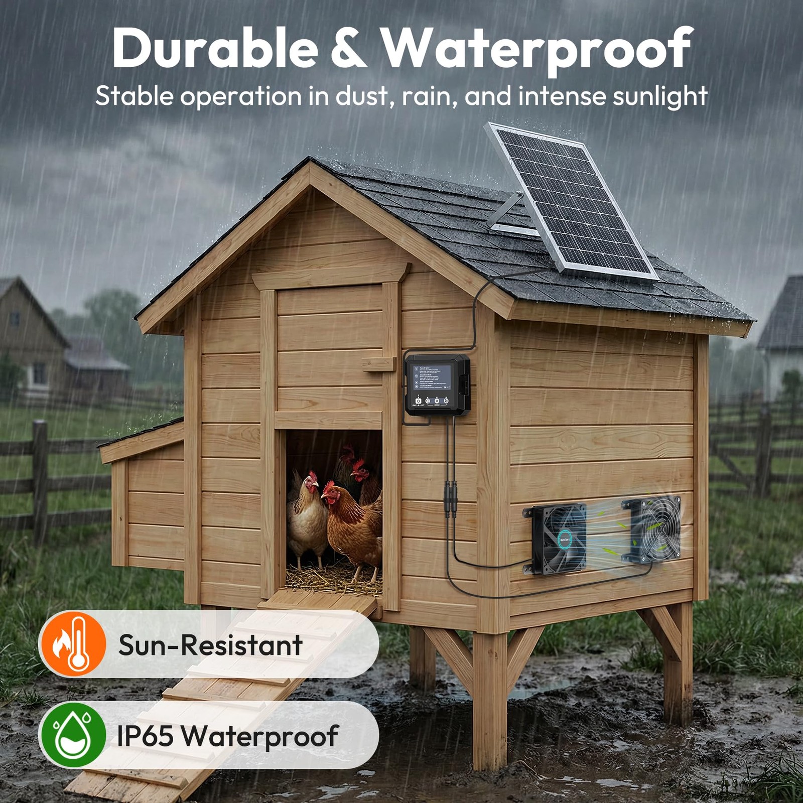 Solar Fan for Chicken Coop with , 7500 mAh Battery & 25W Solar Panel, IP65 Wa…