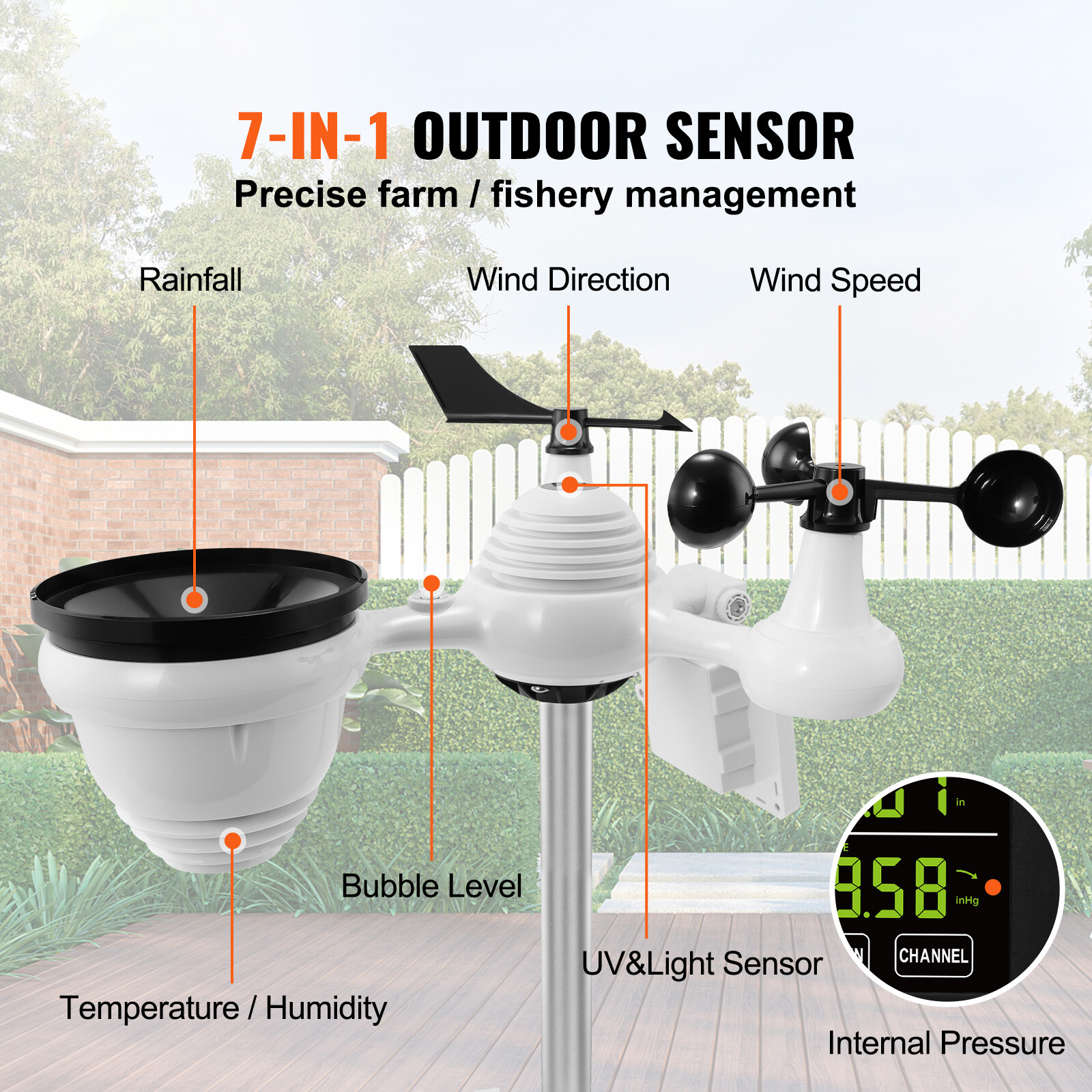 7-in-1 Wi-Fi Weather Station 7.5 in Color Display Wireless Outdoor Sensor