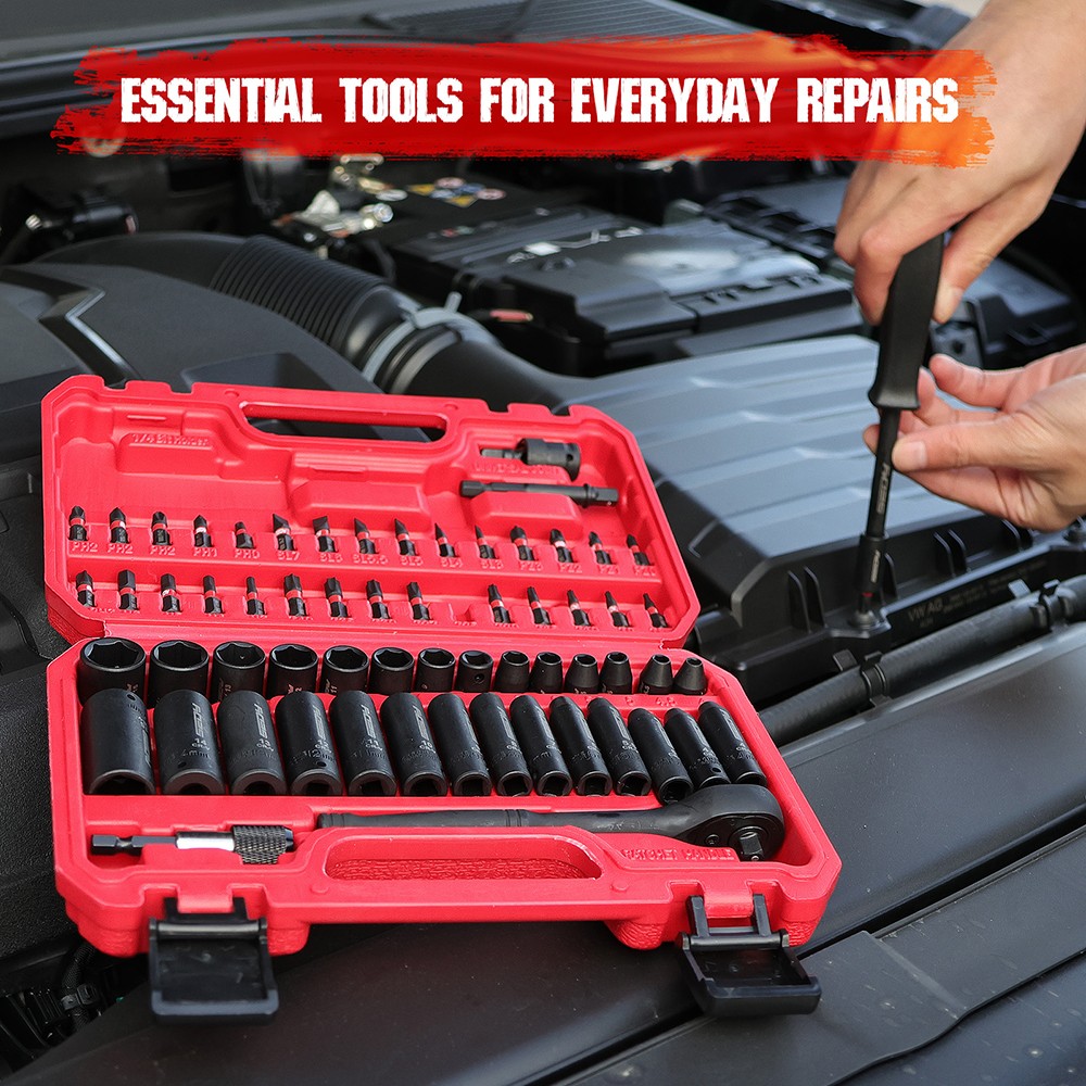 64PC 1/4″ Drive Impact Socket Wrench Bits Set Metric SAE Deep Shallow Ratchet S2