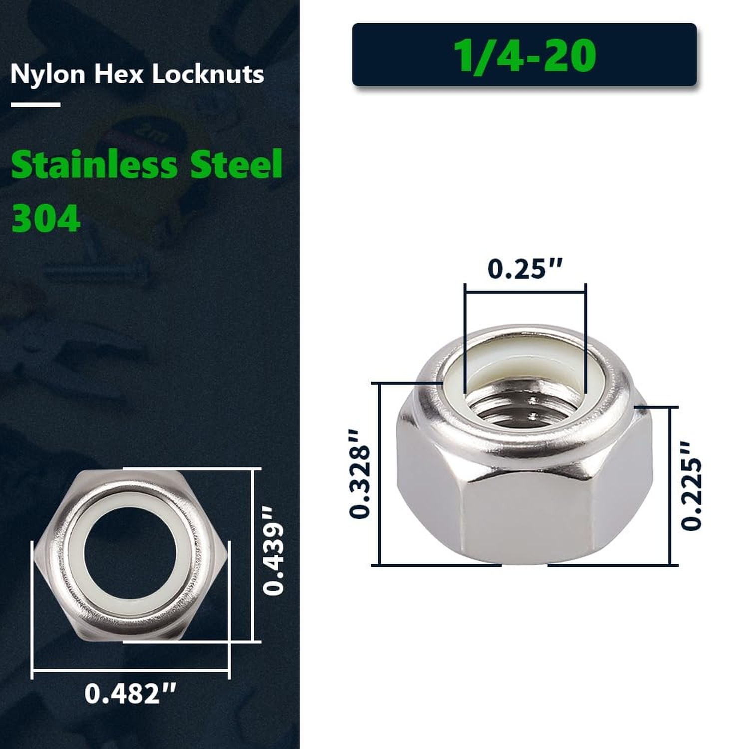UNC 1/4″-20 inch Nylon Insert Hex Lock Nuts (100 Pack), 304 Stainless Steel (…