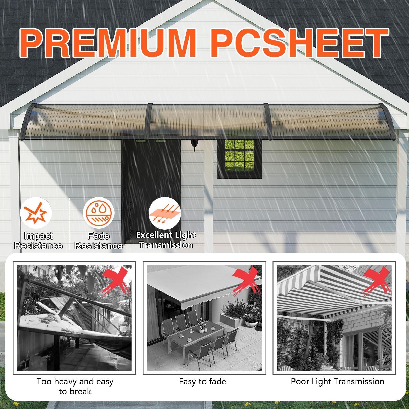 30-160″ Window Awning Front Door Eaves Canopy Polycarbonate Roof Sun Shade Cover