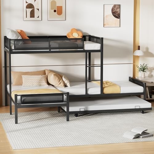 L-Shape Metal Triple Bunk Bed with Trundle 4 Kids,Teens,Adults L-Shape Triple