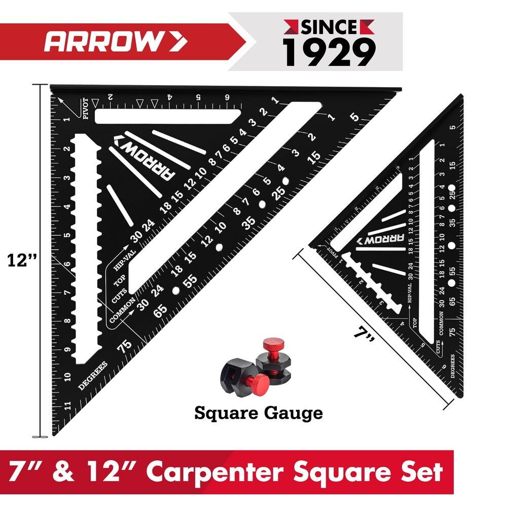 Arrow 2PCS Aluminum Alloy Carpenter Square Set 7″ 12″ Rafter Square Layout Tools