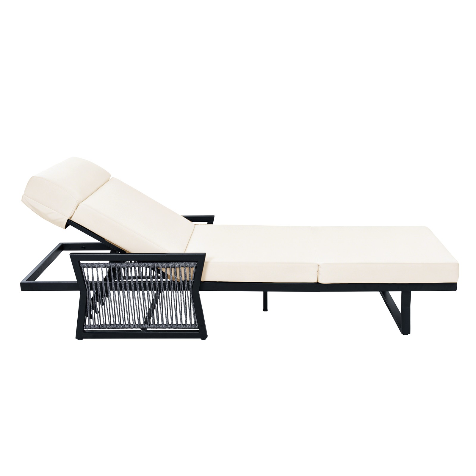 All-Black Chaise Lounge with 4″ Thick Beige Cushion, 400 lbs Capacity
