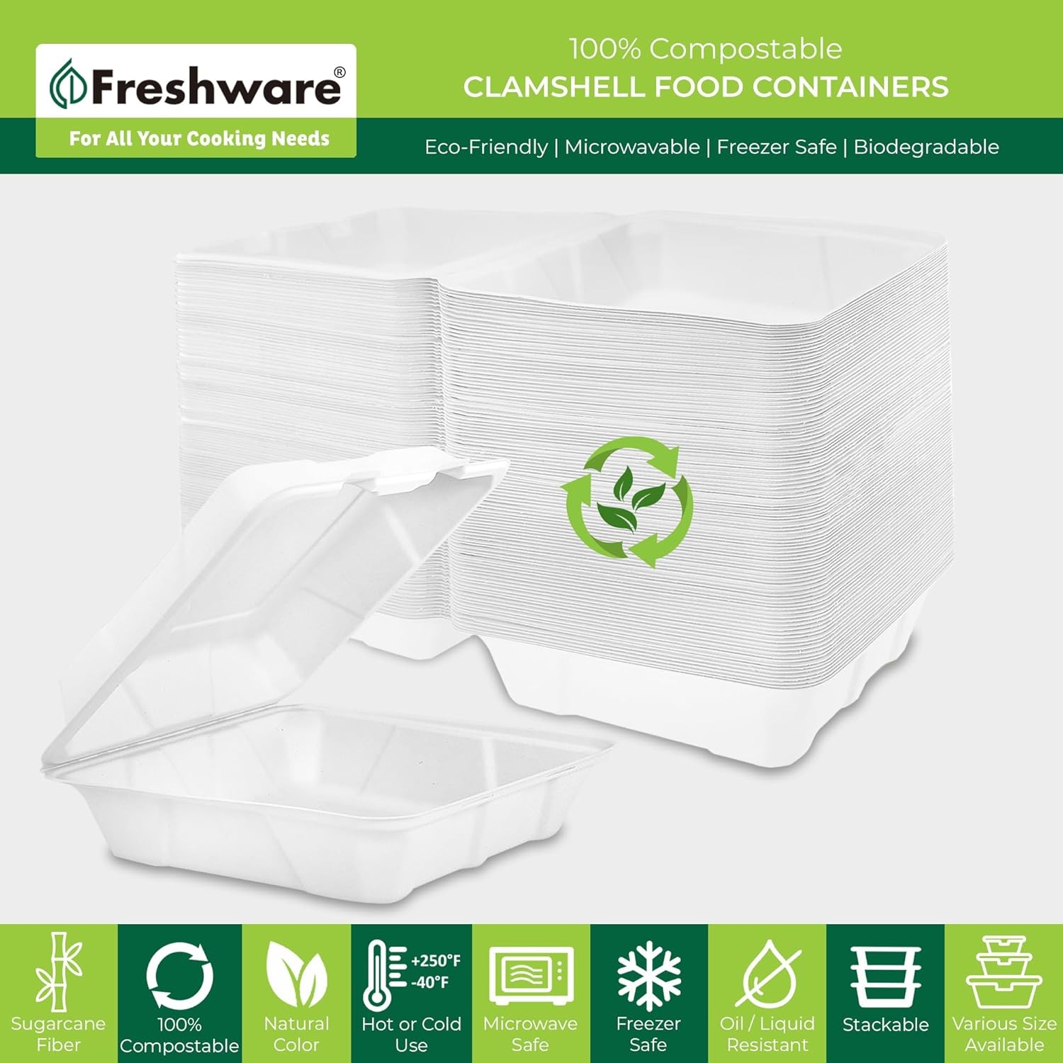 Freshware Clamshell Food Containers with Lids [8×8 200-Pack] Disposable To Go Co