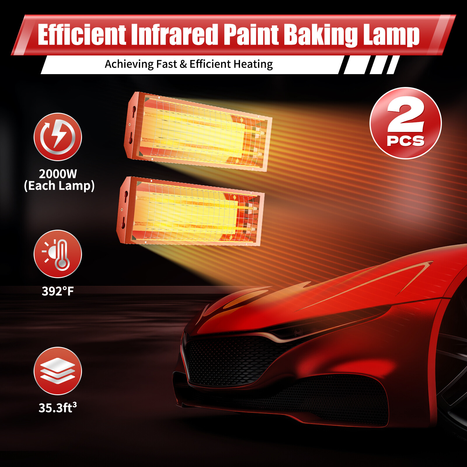 2Pcs 2000W Spray Baking Booth Infrared Paint Curing Light Heating Lamp Heaters