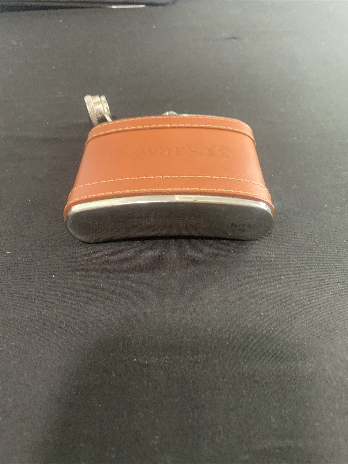 Dewars 12 Scotch Whiskey Pocket Flask Brown Leather and Stainless Steel 4 oz