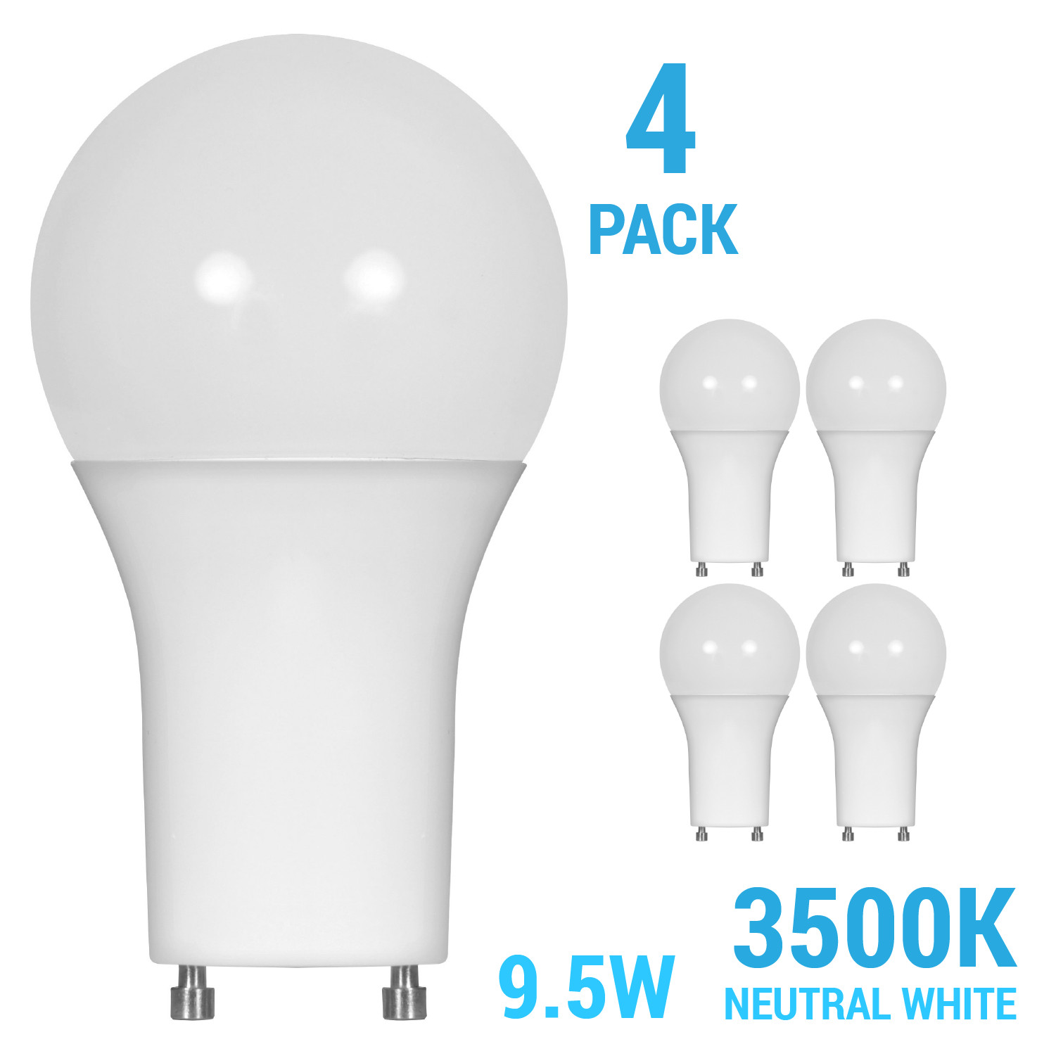4 Pack LED 9.5W Watt =60W 120V A19 Twist and Lock GU24 3500K Neutral White