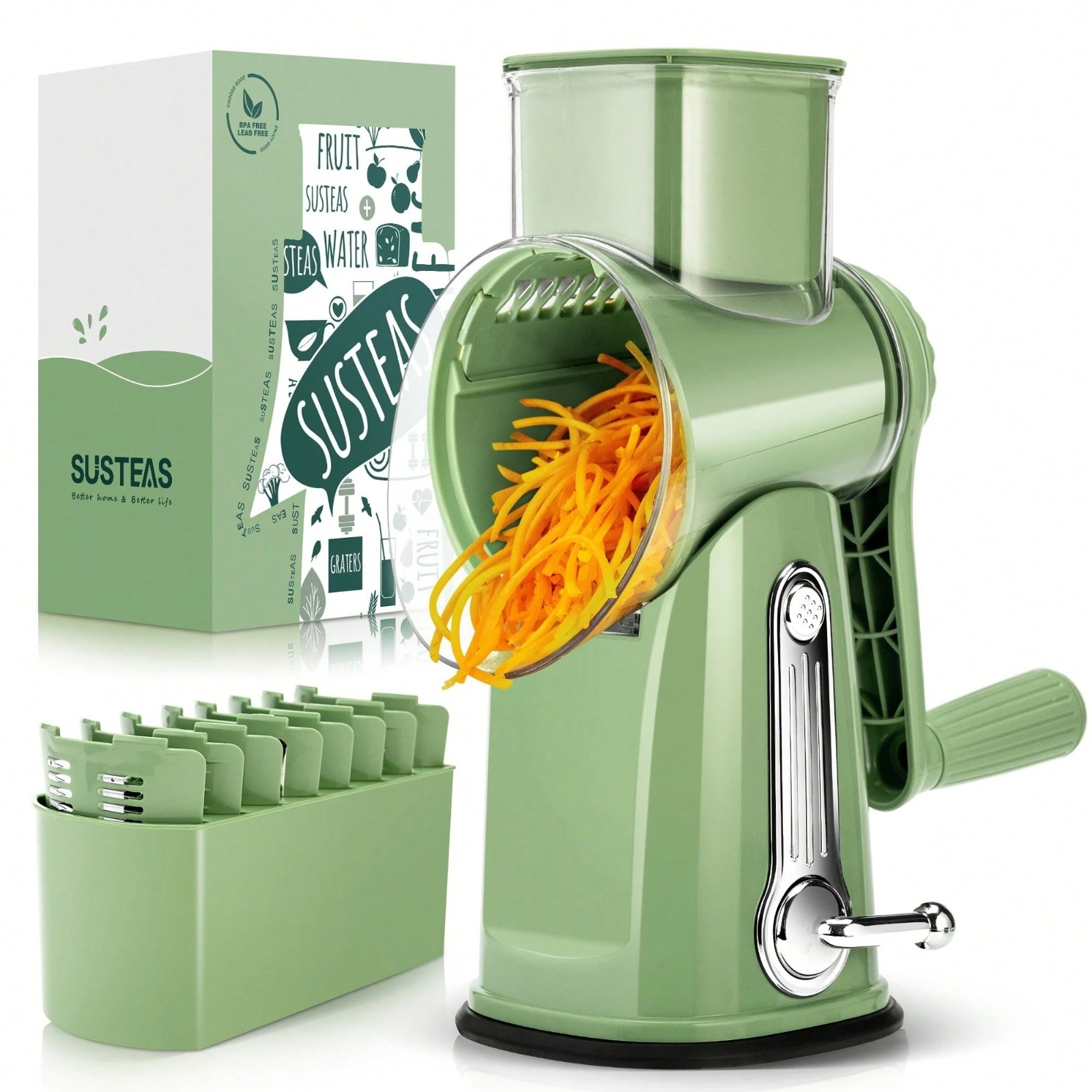 SUSTEAS Rotary Cheese Grater with 5 Blades & Storage Box Sleek Vegetable Shredde