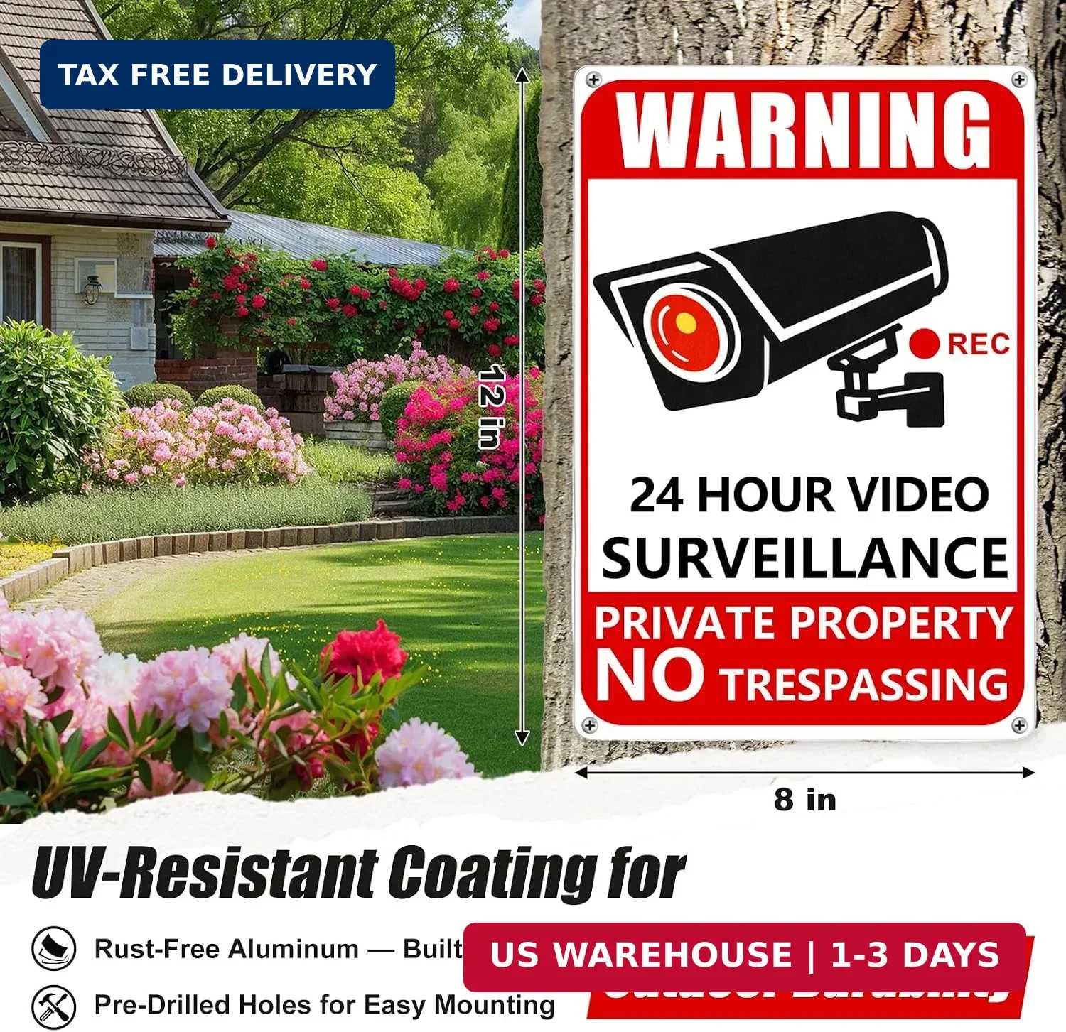 4 Pack Private Property No Trespassing Signs Aluminum Yard Security Camera Sign