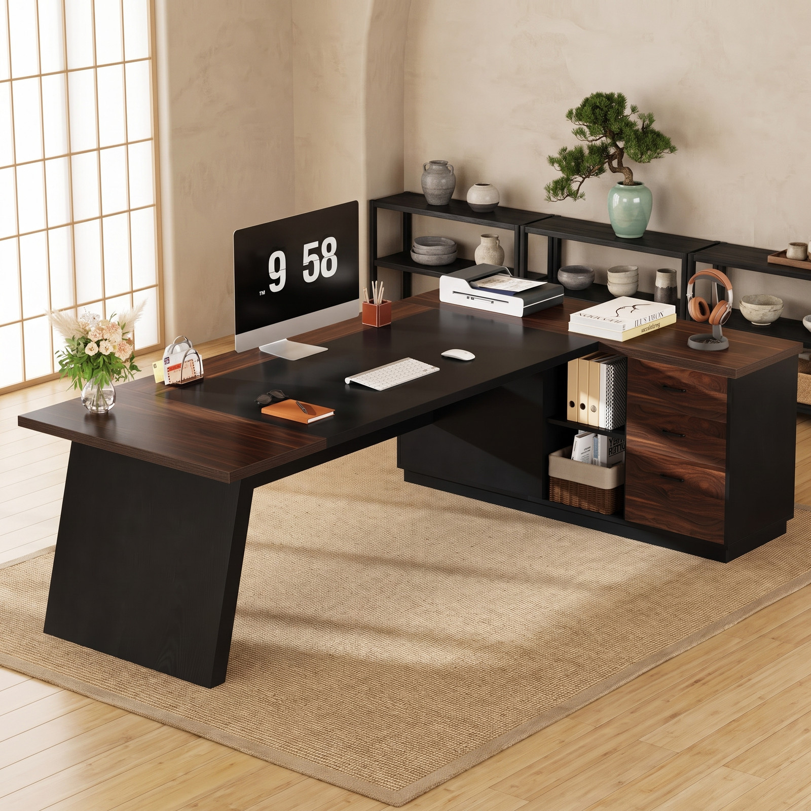 78″ L-Shaped Executive Desk w/ Drawers File Cabinet Walnut Black Home Office