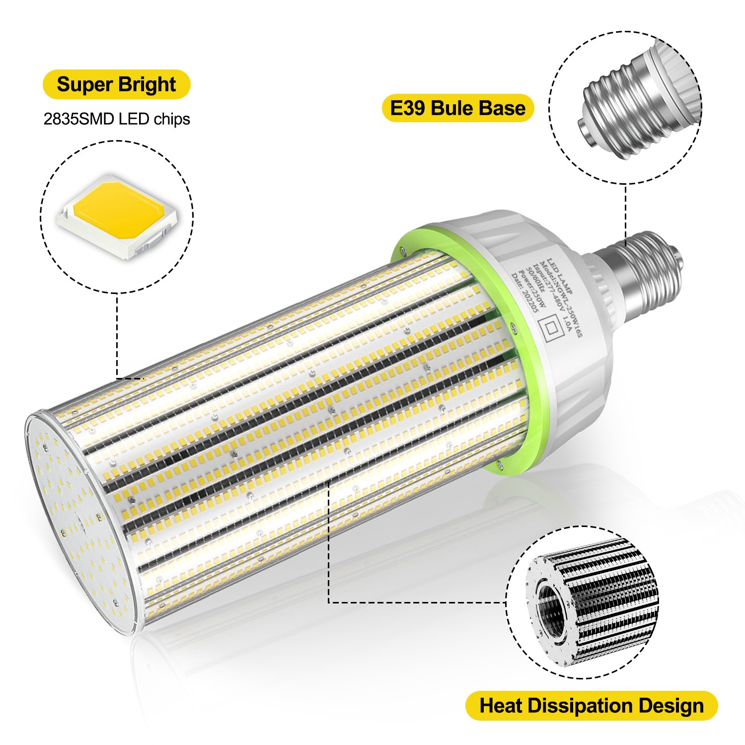 480 Volts 250W LED Corn Light Bulb E39 Base 5000K 36000Lumens Warehouse Lighting