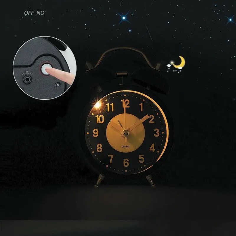 Retro Twin Bell Alarm Clock Quartz Silent Luminous Dial Nightlight Analog Clock
