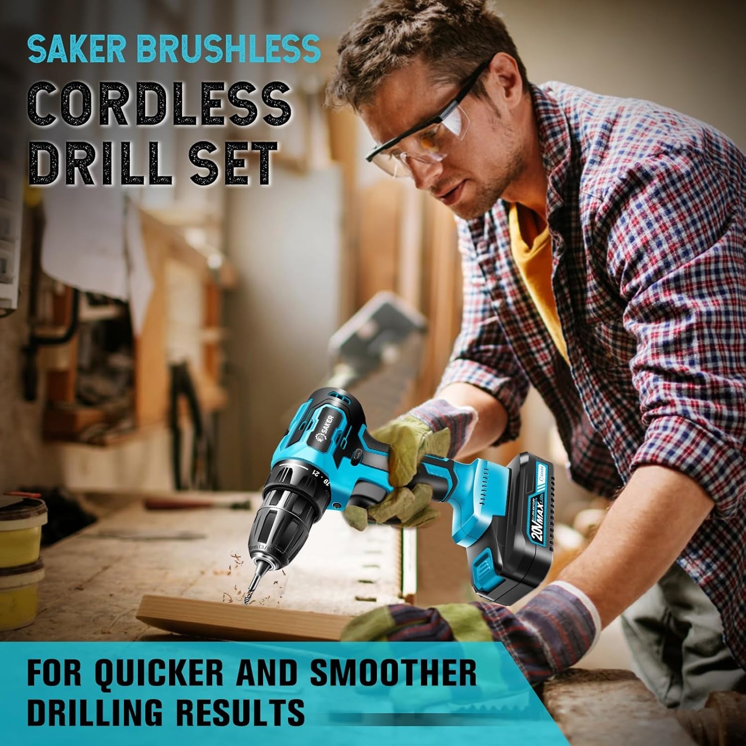 Saker Cordless Electric Drill Set High Performance 2 Variable Speeds 20V K2