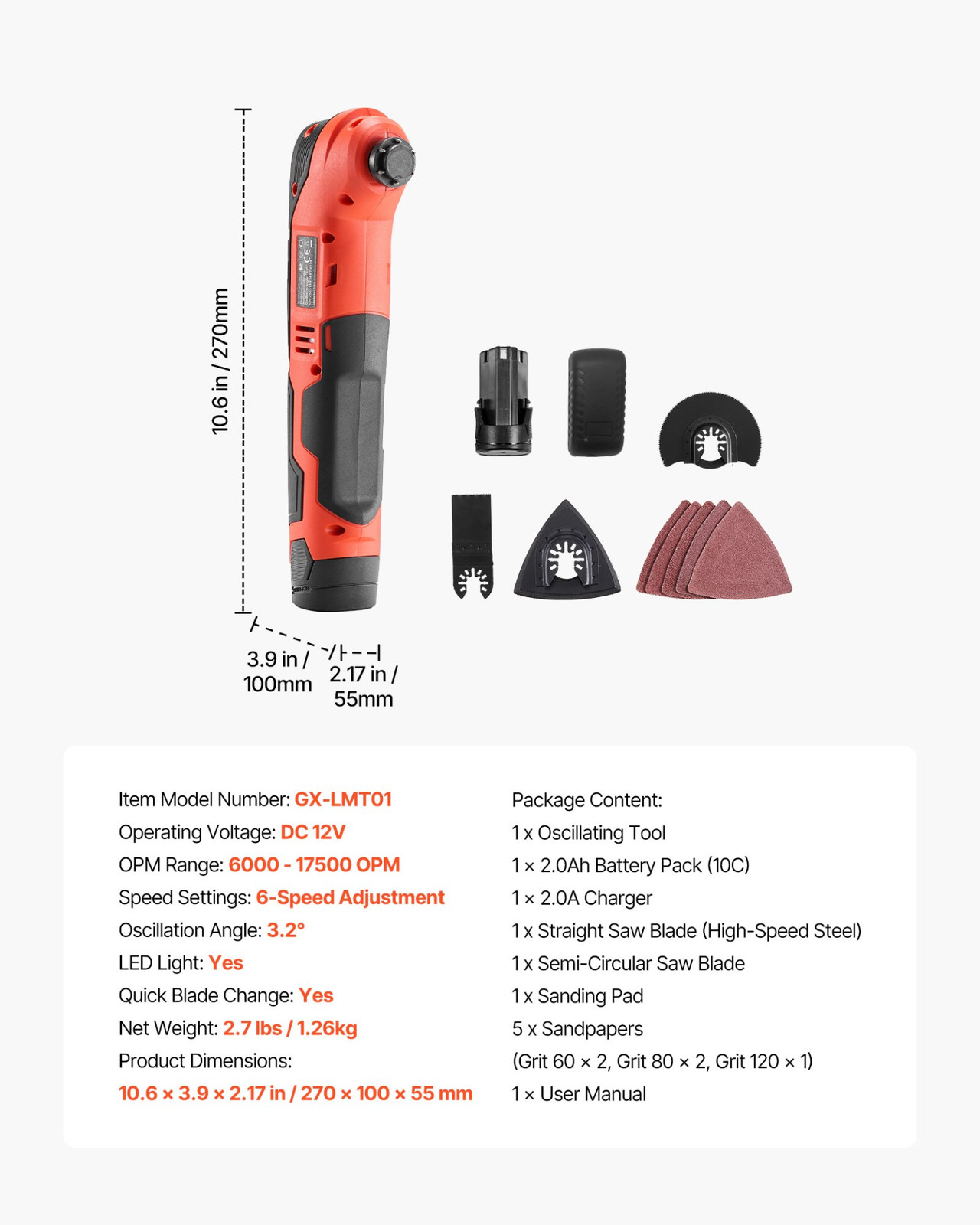VEVOR Cordless Oscillating Tool, 12V Multitool Oscillating Saw Tool with 6 Varia