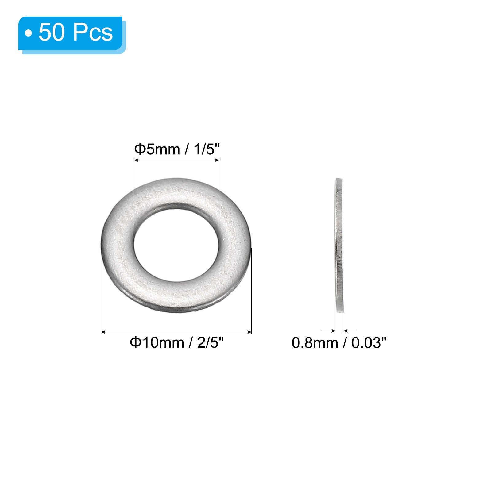 50 Pcs 304 Stainless Steel Flat Washer Metal Fender Washers (M5x10x0.8mm)