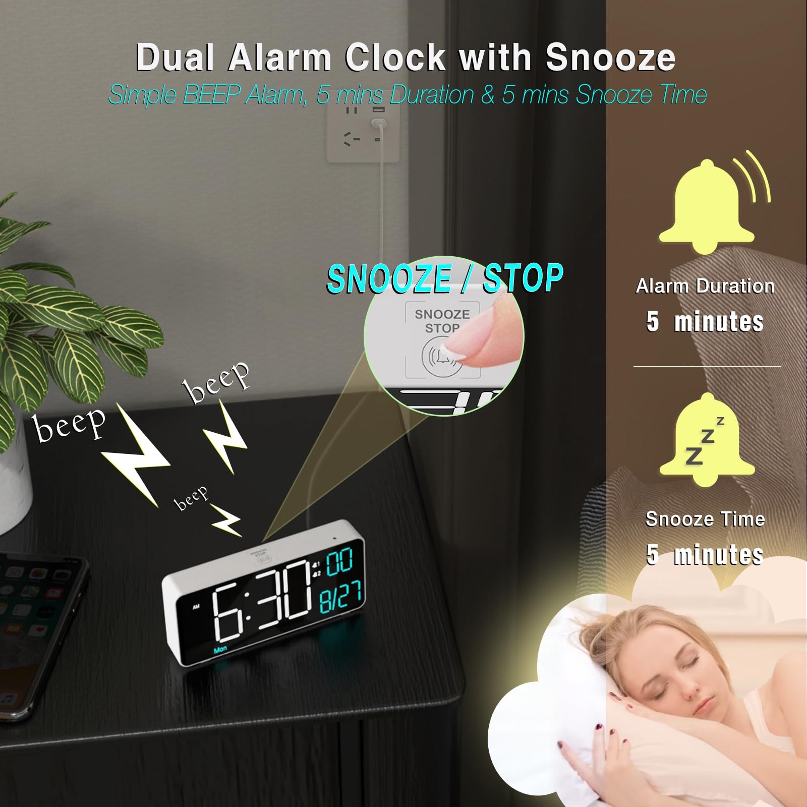 6.7 In Small Digital Alarm Clock Auto Dimming Date Temperature Desk White