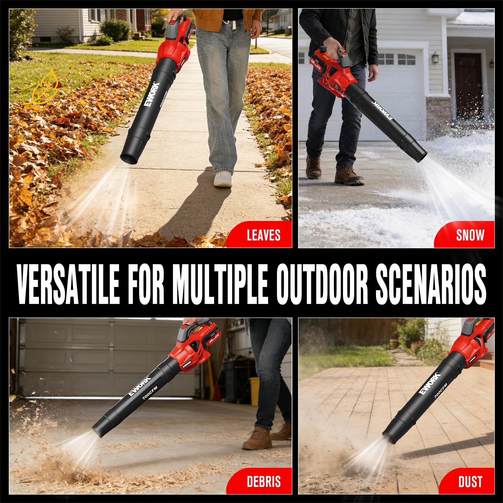 EWORK 20V Cordless Leaf Blower, Heavy Duty 700CFM 200MPH Electric Leaf Blower—