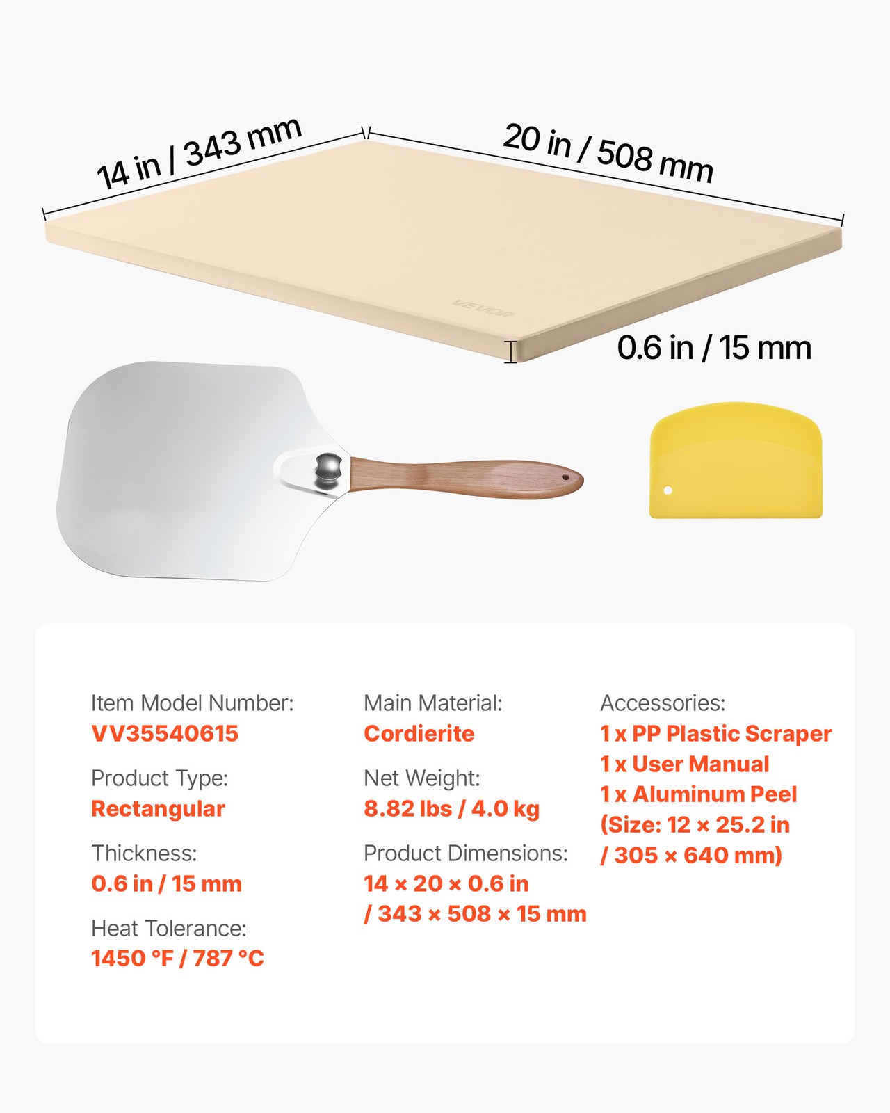 VEVOR Pizza Stone 20 x 14 in Rectangular Cordierite Stone for Baking Pizzas