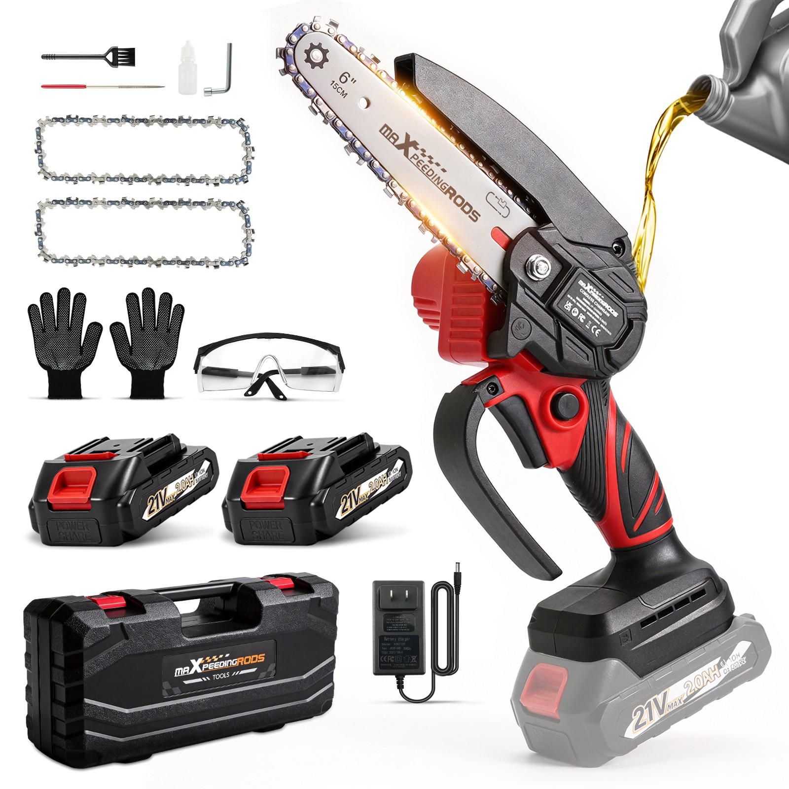 21V Cordless for Mini Chainsaw with 2 Batteries 3 Chains Portable Garden Pruning