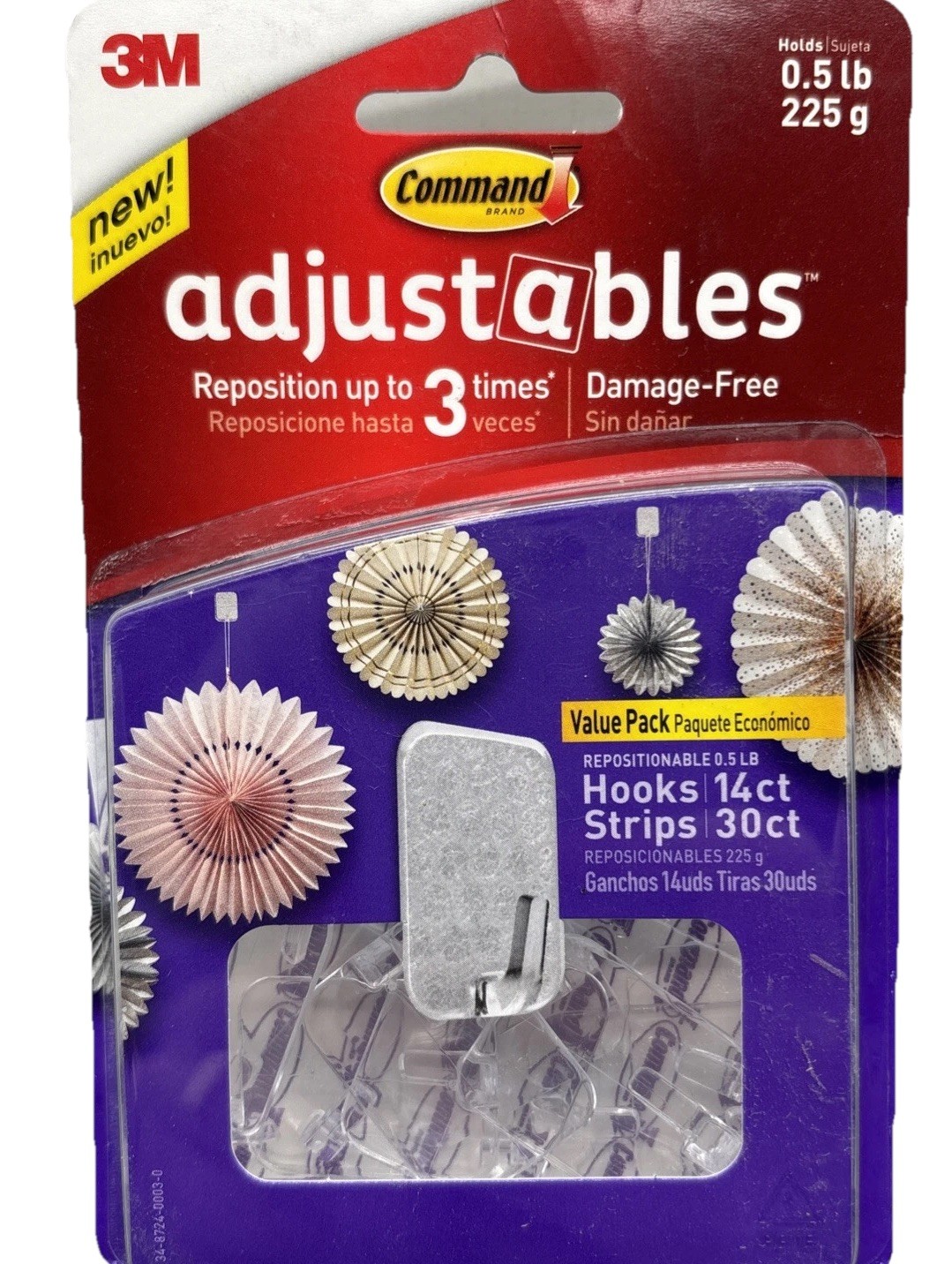 3M Command Adjustables Clear Repositionable 14 Hooks 30 Strips, 0.5-lb Hold {23}