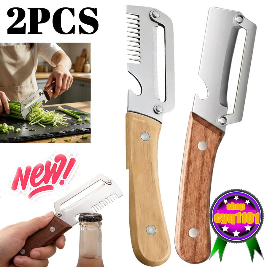 2 PCS 3-in-1 Multifunctional Vegetable Peeler with Wooden Handle,Julienne Slicer