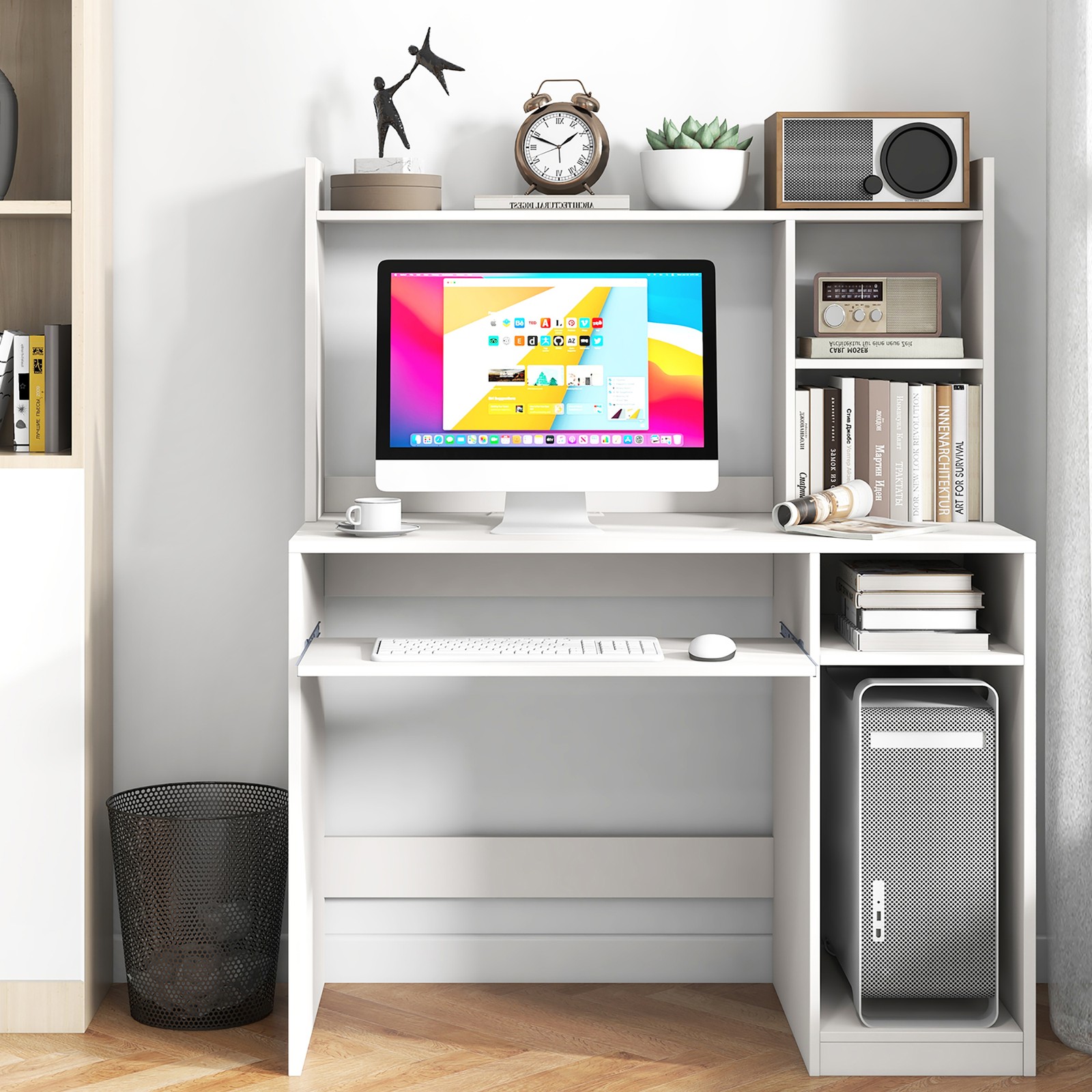 Computer Desk Hutch Home Office Study Writing Table w/ Bookshelf Keyboard Tray