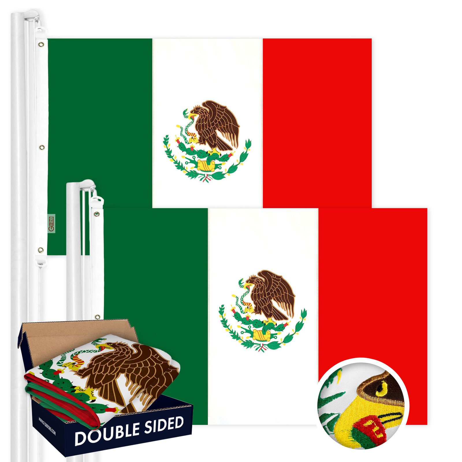 G128 2 Pack: Mexico Mexican Flag 5×8 Ft Double Sided Emb 210D Polyester 2-ply