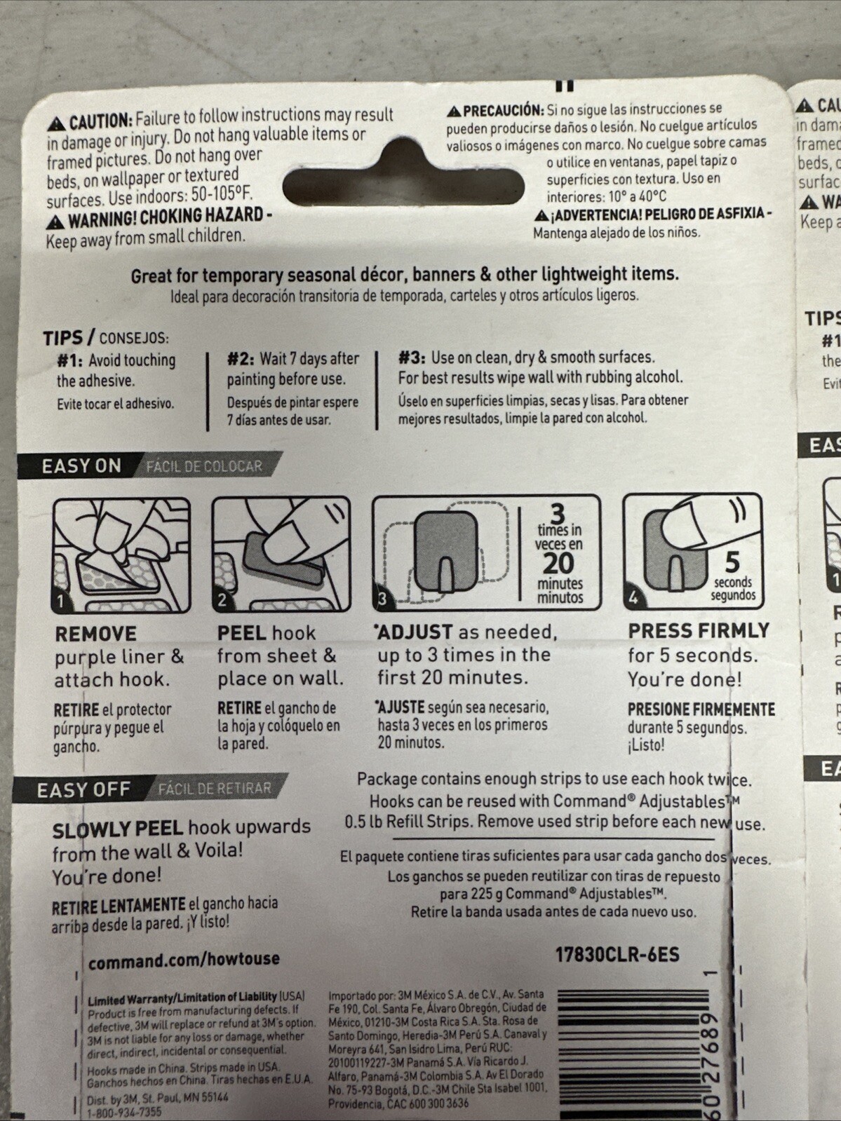 3M Command Adjustables 2 Packs 6 Clear Hooks & 12 Strips Each Pack Holds 0.5 lb