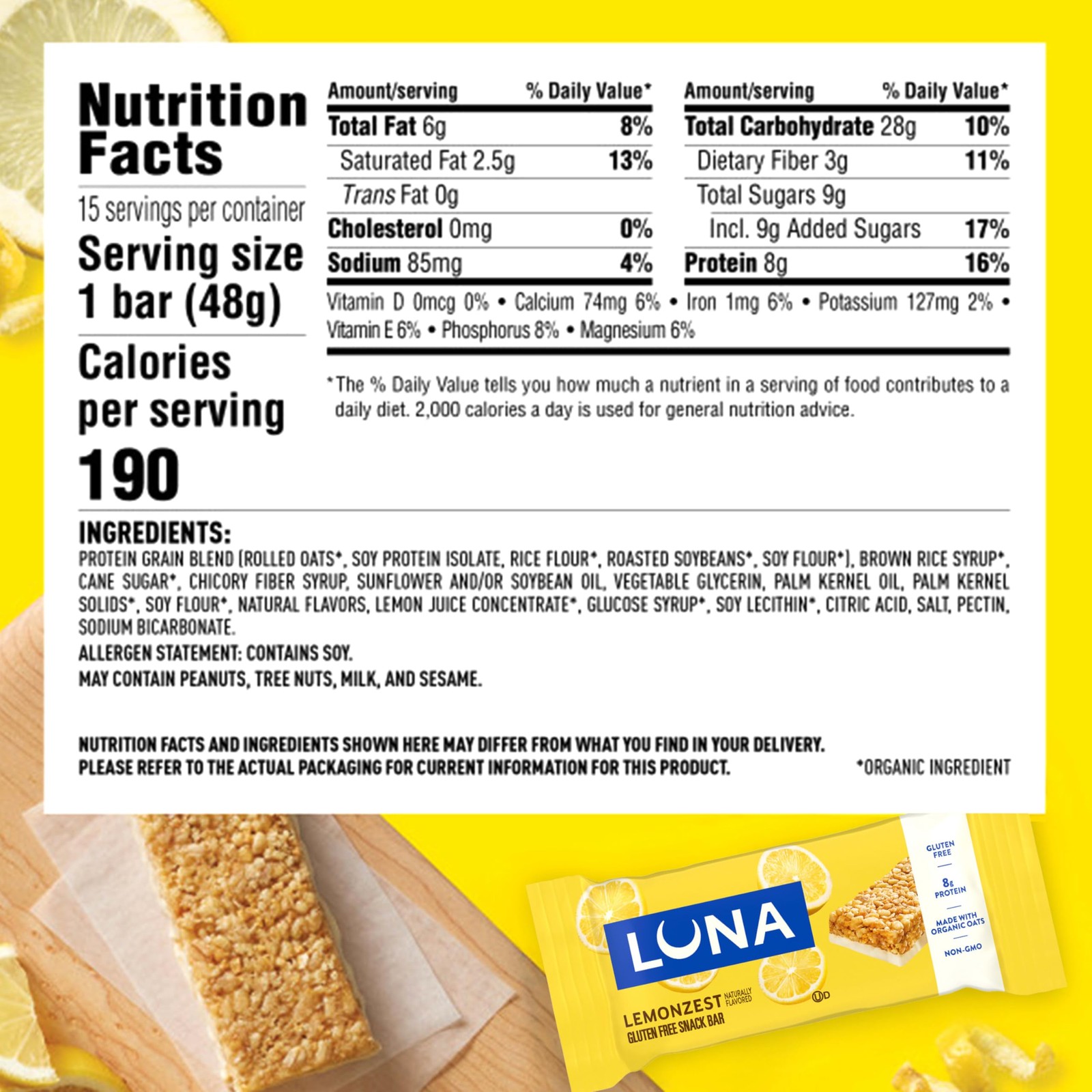 LUNA Bar – LemonZest Flavor – Gluten Free 12 Count (Pack of 1), Lemon Zest