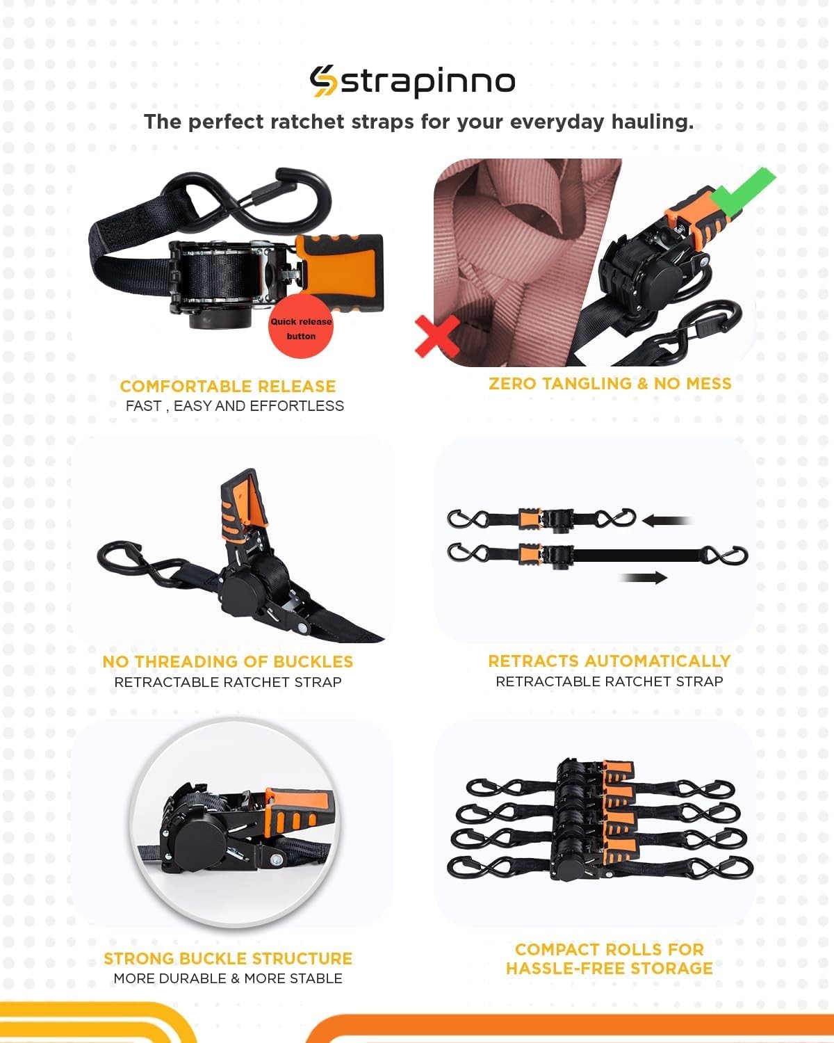 4pcs Retractable Ratchet Straps 1 in x 6 ft – 1,500LBS Breaking Strength
