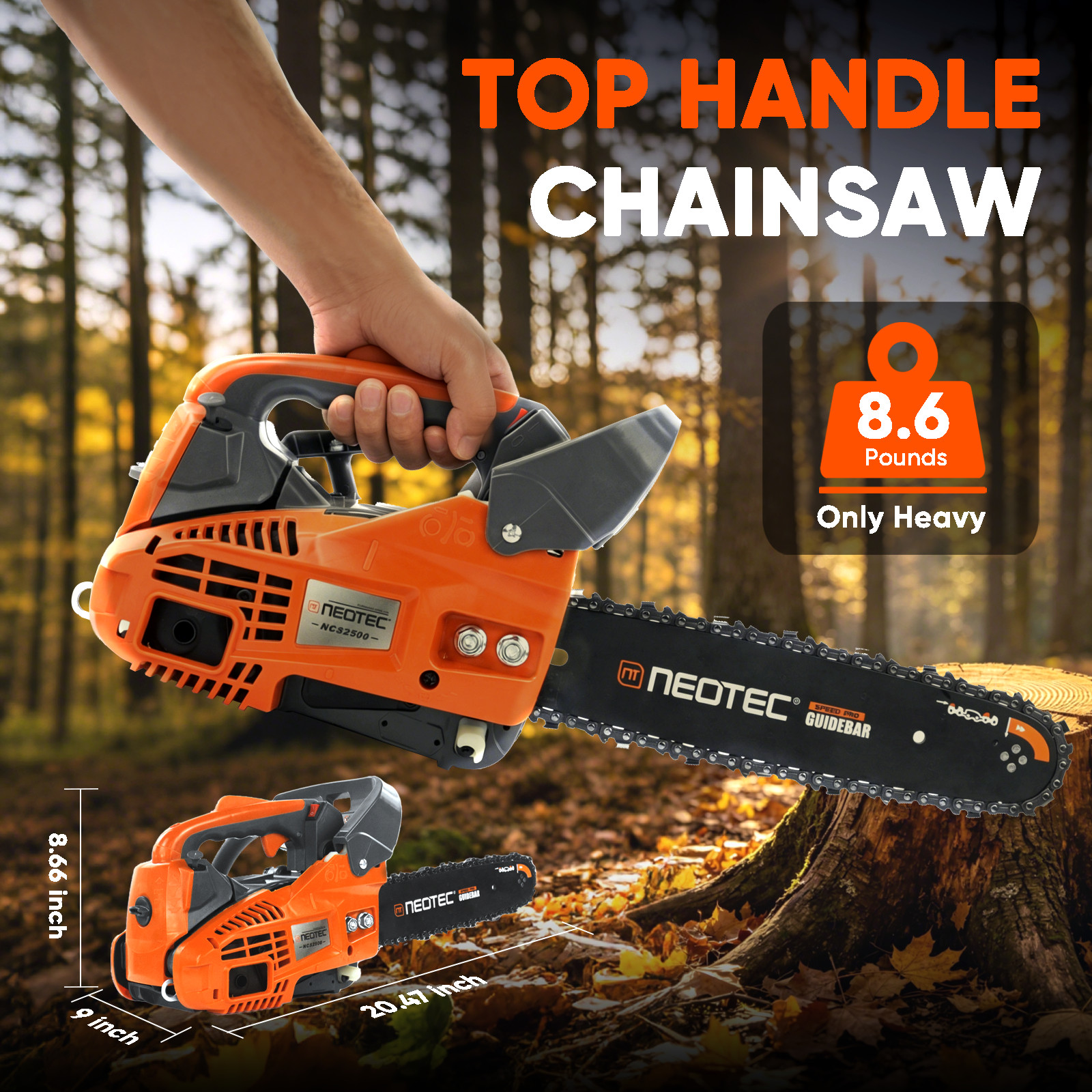 25.4cc Gas Top Handle Chainsaw with 12” Bar Chain 2-Stroke Engine Cut Tree Wood