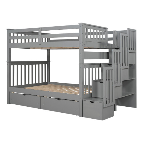 Full Over Full Bunk Bed w/ 6 Storage Drawers & Stairs For Kids Teens Adults Gray